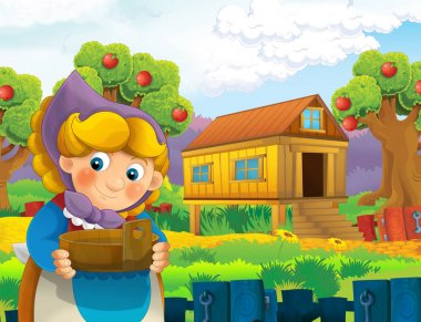 çizgi film sahne ile ayakta ve gülümseyen çiftlikte - çalışan mutlu kadın / illüstrasyon çocuklar için