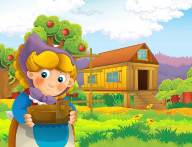 çizgi film sahne ile ayakta ve gülümseyen çiftlikte - çalışan mutlu kadın / illüstrasyon çocuklar için