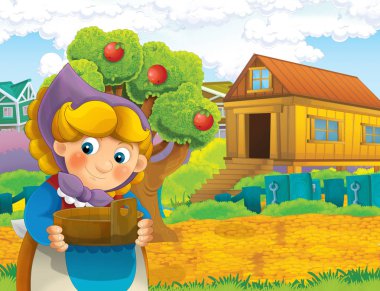 çizgi film sahne ile ayakta ve gülümseyen çiftlikte - çalışan mutlu kadın / illüstrasyon çocuklar için