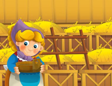 çizgi film sahne ile ayakta ve gülümseyen çiftlikte - çalışan mutlu kadın / illüstrasyon çocuklar için