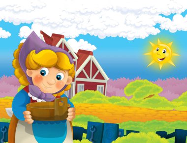 çizgi film sahne ile ayakta ve gülümseyen çiftlikte - çalışan mutlu kadın / illüstrasyon çocuklar için