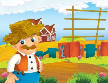 mutlu adam çiftlikte - illüstrasyon çocuklar için çalışma ile çizgi film sahne