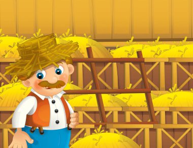 mutlu adam çiftlikte - illüstrasyon çocuklar için çalışma ile çizgi film sahne