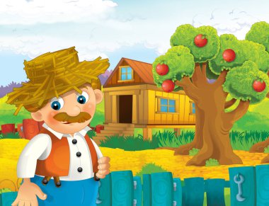 mutlu adam çiftlikte - illüstrasyon çocuklar için çalışma ile çizgi film sahne