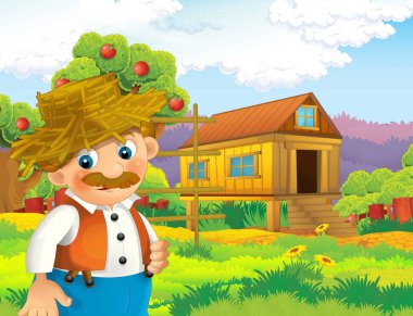 mutlu adam çiftlikte - illüstrasyon çocuklar için çalışma ile çizgi film sahne