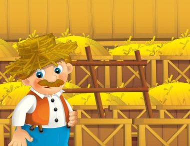 mutlu adam çiftlikte - illüstrasyon çocuklar için çalışma ile çizgi film sahne