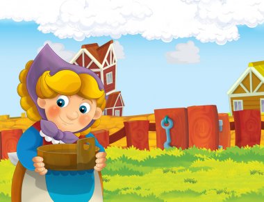 çizgi film sahne ile ayakta ve gülümseyen çiftlikte - çalışan mutlu kadın / illüstrasyon çocuklar için