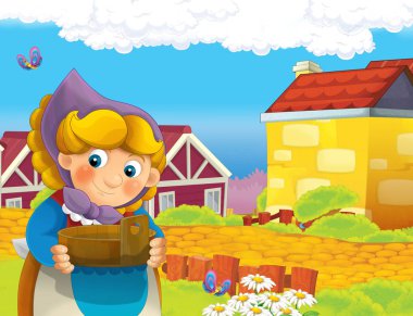 çizgi film sahne ile ayakta ve gülümseyen çiftlikte - çalışan mutlu kadın / illüstrasyon çocuklar için