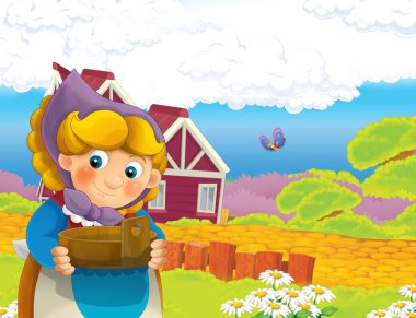 çizgi film sahne ile ayakta ve gülümseyen çiftlikte - çalışan mutlu kadın / illüstrasyon çocuklar için