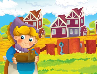 çizgi film sahne ile ayakta ve gülümseyen çiftlikte - çalışan mutlu kadın / illüstrasyon çocuklar için