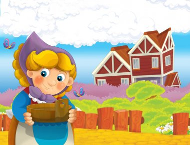 çizgi film sahne ile ayakta ve gülümseyen çiftlikte - çalışan mutlu kadın / illüstrasyon çocuklar için