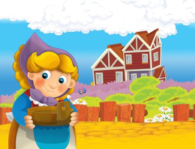 çizgi film sahne ile ayakta ve gülümseyen çiftlikte - çalışan mutlu kadın / illüstrasyon çocuklar için