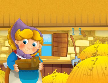 çizgi film sahne ile ayakta ve gülümseyen çiftlikte - çalışan mutlu kadın / illüstrasyon çocuklar için