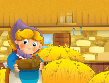 çizgi film sahne ile ayakta ve gülümseyen çiftlikte - çalışan mutlu kadın / illüstrasyon çocuklar için