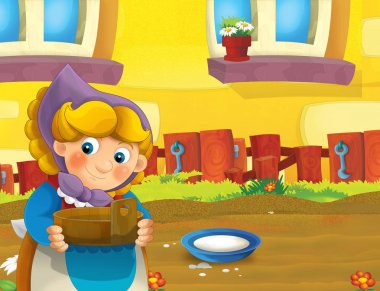 çizgi film sahne ile ayakta ve gülümseyen çiftlikte - çalışan mutlu kadın / illüstrasyon çocuklar için