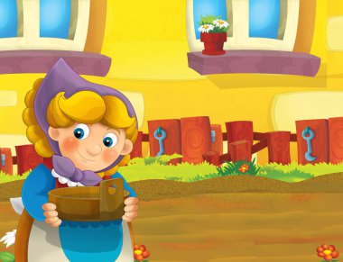 çizgi film sahne ile ayakta ve gülümseyen çiftlikte - çalışan mutlu kadın / illüstrasyon çocuklar için