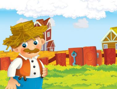mutlu adam çiftlikte - illüstrasyon çocuklar için çalışma ile çizgi film sahne