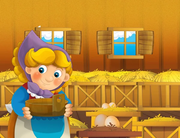 çizgi film sahne ile ayakta ve gülümseyen çiftlikte - çalışan mutlu kadın / illüstrasyon çocuklar için