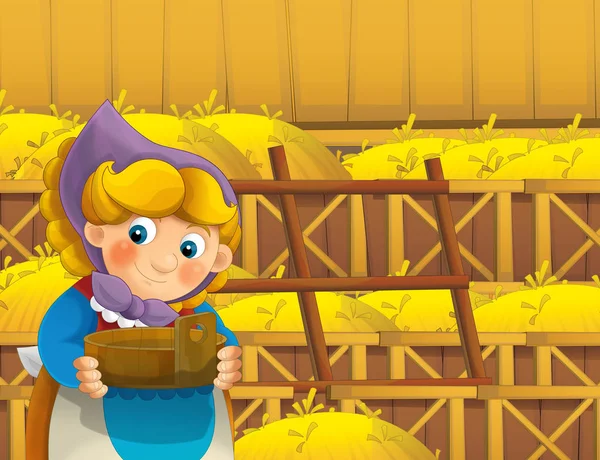 çizgi film sahne ile ayakta ve gülümseyen çiftlikte - çalışan mutlu kadın / illüstrasyon çocuklar için