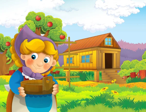 Cartoon Scene Happy Woman Working Farm Standing Smiling Illustration Children — Stock Photo, Image