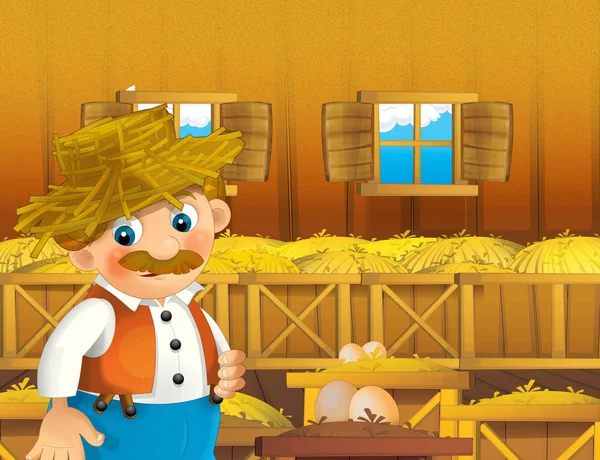 Cartoon Scene Happy Man Working Farm Illustration Children — Stock Photo, Image