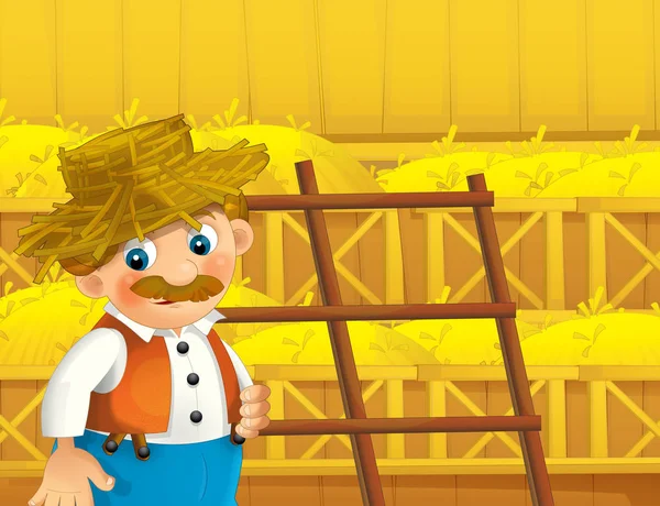 Cartoon Scene Happy Man Working Farm Illustration Children — Stock Photo, Image