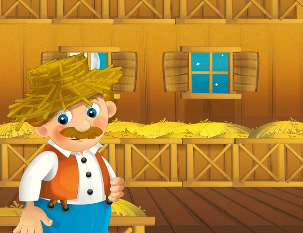 cartoon scene with happy man working on the farm - illustration for children