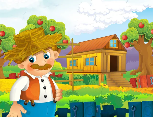 Cartoon Scene Happy Man Working Farm Illustration Children — Stock Photo, Image