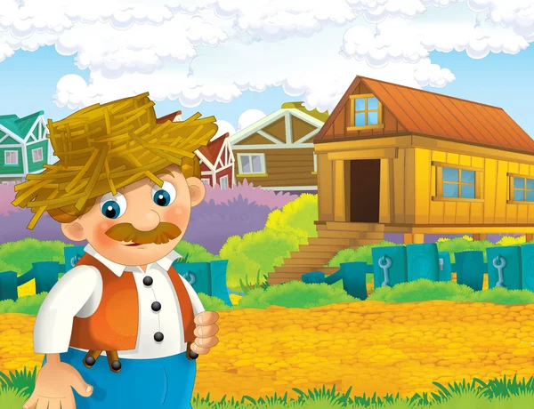 Cartoon Scene Happy Man Working Farm Illustration Children — Stock Photo, Image