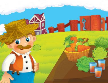 çizgi film sahne ile ayakta ve gülümseyen çiftlikte - çalışan mutlu kadın / illüstrasyon çocuklar için