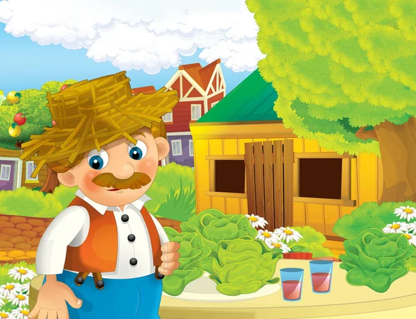卡通场面与愉快的人工作在农场 例证为孩子 — 图库照片