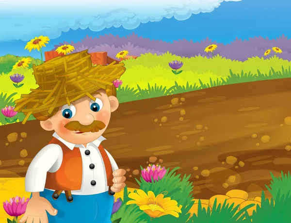 cartoon scene with happy man working on the farm - illustration for children