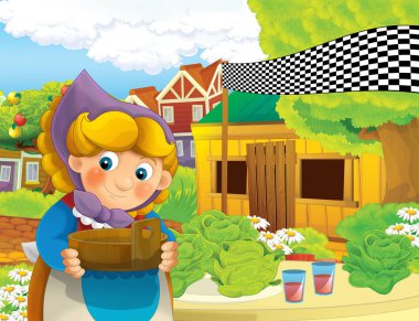 çizgi film sahne ile ayakta ve gülümseyen çiftlikte - çalışan mutlu kadın / illüstrasyon çocuklar için