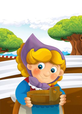 çizgi film sahne ile ayakta ve gülümseyen çiftlikte - çalışan mutlu kadın / illüstrasyon çocuklar için