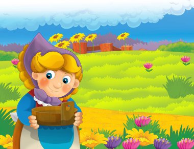 çizgi film sahne ile ayakta ve gülümseyen çiftlikte - çalışan mutlu kadın / illüstrasyon çocuklar için