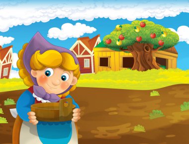 çizgi film sahne ile ayakta ve gülümseyen çiftlikte - çalışan mutlu kadın / illüstrasyon çocuklar için