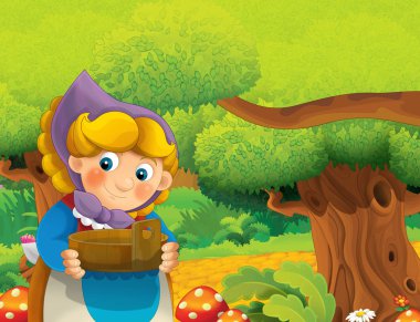 çizgi film sahne ile ayakta ve gülümseyen çiftlikte - çalışan mutlu kadın / illüstrasyon çocuklar için