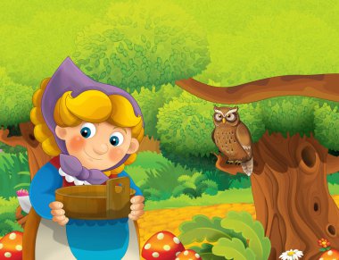 çizgi film sahne ile ayakta ve gülümseyen çiftlikte - çalışan mutlu kadın / illüstrasyon çocuklar için