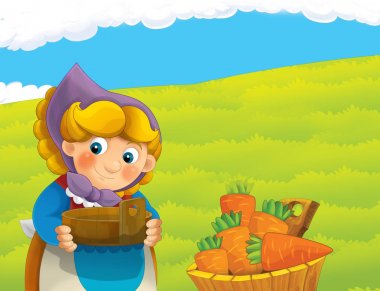 çizgi film sahne ile ayakta ve gülümseyen çiftlikte - çalışan mutlu kadın / illüstrasyon çocuklar için