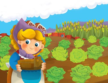 çizgi film sahne ile ayakta ve gülümseyen çiftlikte - çalışan mutlu kadın / illüstrasyon çocuklar için