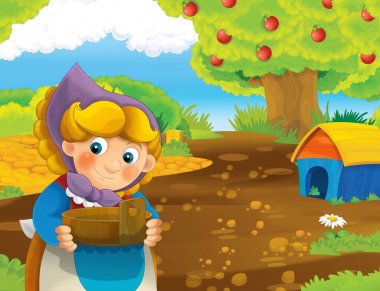 çizgi film sahne ile ayakta ve gülümseyen çiftlikte - çalışan mutlu kadın / illüstrasyon çocuklar için