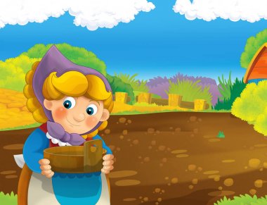 çizgi film sahne ile ayakta ve gülümseyen çiftlikte - çalışan mutlu kadın / illüstrasyon çocuklar için