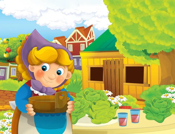 Cartoon Scene Happy Woman Working Farm Standing Smiling Illustration Children — Stock Photo, Image