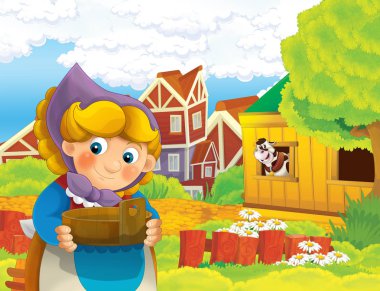 çizgi film sahne ile ayakta ve gülümseyen çiftlikte - çalışan mutlu kadın / illüstrasyon çocuklar için