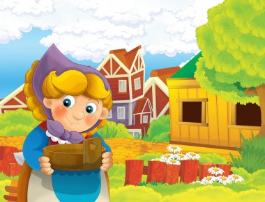 çizgi film sahne ile ayakta ve gülümseyen çiftlikte - çalışan mutlu kadın / illüstrasyon çocuklar için