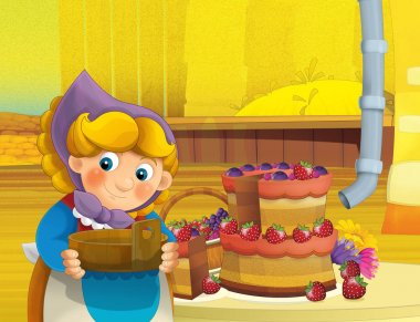 çizgi film sahne ile ayakta ve gülümseyen çiftlikte - çalışan mutlu kadın / illüstrasyon çocuklar için