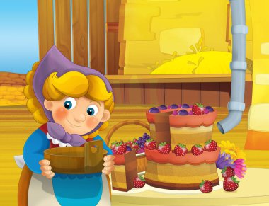 çizgi film sahne ile ayakta ve gülümseyen çiftlikte - çalışan mutlu kadın / illüstrasyon çocuklar için