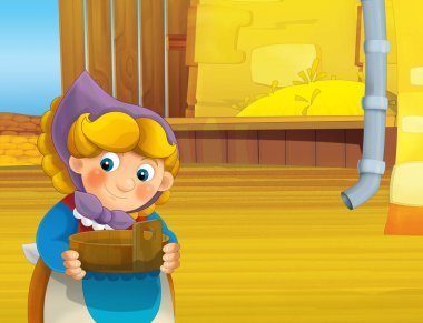 çizgi film sahne ile ayakta ve gülümseyen çiftlikte - çalışan mutlu kadın / illüstrasyon çocuklar için