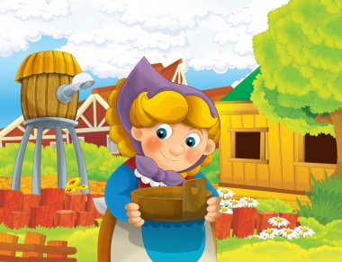 çizgi film sahne ile ayakta ve gülümseyen çiftlikte - çalışan mutlu kadın / illüstrasyon çocuklar için