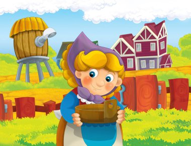 çizgi film sahne ile ayakta ve gülümseyen çiftlikte - çalışan mutlu kadın / illüstrasyon çocuklar için